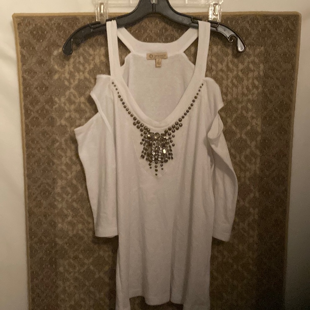 Democracy jeweled shoulderless sleeved white top